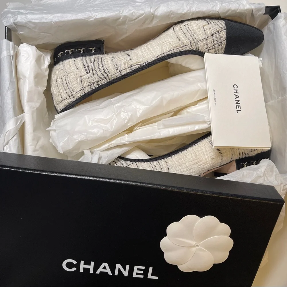 Chanel Chain Link Heel tweed CC Ballerinas flat black white size 39women - Picture 2 of 12